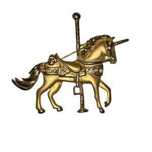 VTG 1980s Unicorn Horse Carousel Brooch Pin Gold Tone Rhinestones